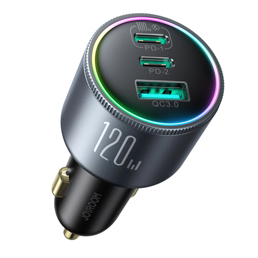 Auto punjač s USB-C kabelom Joyroom JR-CCN07, 120W, 5A, 1 x USB-A - 2 x USB-C, Crni