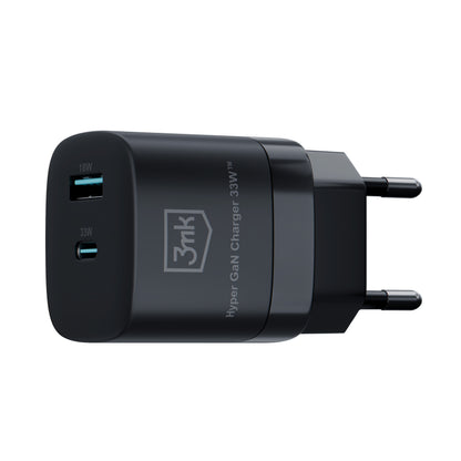 Punjač za mrežu 3MK HyperCharger GaN, 33W, 3A, 1 x USB-A - 1 x USB-C, Crni