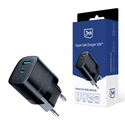 Punjač za mrežu 3MK HyperCharger GaN, 33W, 3A, 1 x USB-A - 1 x USB-C, Crni
